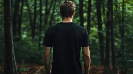 A black T-shirt viewed from the back, set against a forest background. The image highlights the simplicity and design of the T-shirt while providing a contrast with the natural, green surroundings. 