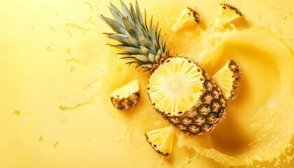 Wall Mural - Fresh pineapple slices in a splash of yellow juice.