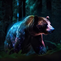 3D rendering of a big brown bear in the forest at night