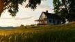 © LunarArt - A charming house surrounded by lush green fields, basking in the warm glow of a sunset, ideal for peaceful rural living.