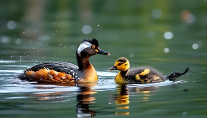 Silvery Grebe Swimming Serenely with Chick in Freshwater Lake