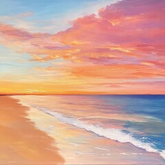 Wall Mural - A picturesque sunset over a calm ocean with a sandy beach in the foreground.