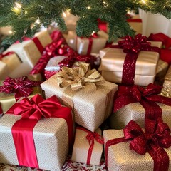 Wall Mural - A pile of beautifully wrapped Christmas presents under a tree, decorated with red and gold bows.