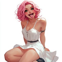 Poster - A playful character with pink hair and a white dress, expressing joy and confidence.