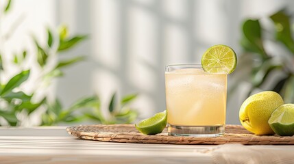 A pear juice cocktail with sparkling water and a twist of lime in a highball glass, perfect for a refreshing summer drink.