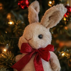 Sticker - A plush white bunny with a red bow sits in front of a Christmas tree with twinkling lights.