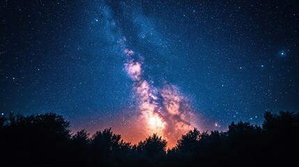 Wall Mural - Milky Way Over Silhouette Trees. Landscape Design With Vibrant Color Northern Lights. Night Sky With Stars In The Galaxy. AI generated image