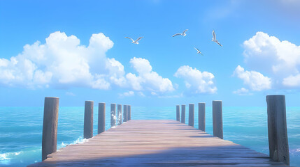 Wall Mural - Wooden pier stretching out into a clear blue sea with white fluffy clouds in the sky.