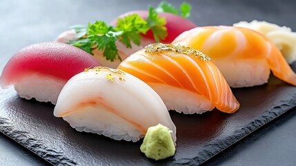 Poster - A close up of a plate with sushi on it and garnish, AI