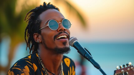 Poster - A man with dreadlocks and sunglasses is singing into a microphone. He is smiling and he is enjoying himself