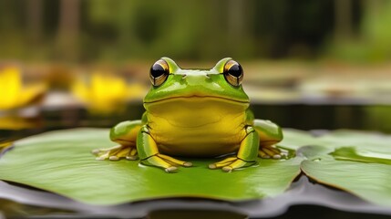 Wall Mural - A frog sitting on a lily pad in the water, AI