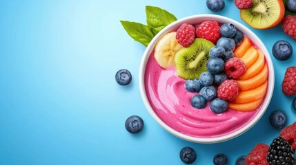 Canvas Print - A bowl of fruit and yogurt with berries, kiwi slices and bananas, AI