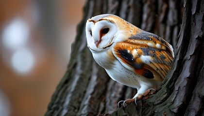 Wall Mural - Serene close-up of a Barn Owl perched gracefully among tree branches