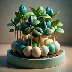 Poster - Cute 3D illustration of a cluster of growing plants with round. light green leaves and a light beige pot. perfect for eco friendly and nature themed designs.