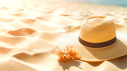 Wall Mural - Female sunglasses straw hat and beach towel arranged on beach sand. Enjoy sunbathing and relaxing during summer travel