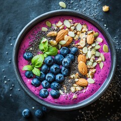 Canvas Print - A purple smoothie bowl topped with blueberries, almonds, and chia seeds.