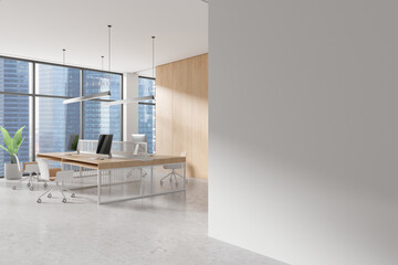 Wall Mural - Cozy workplace interior with pc monitors and chairs, window. Mockup wall