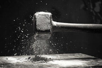 Canvas Print - A Sledgehammer Striking a Surface, Creating a Shower of Dust and Debris