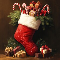 Poster - A red Christmas stocking overflowing with presents, candy canes, and evergreen branches, sitting on a wooden surface.