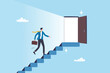 © Nuthawut - Career opportunity, doorway to success, solution or hope for aspiration, entering opening door for new career chance, possibility concept, businessman walk staircase to find opening opportunity door.