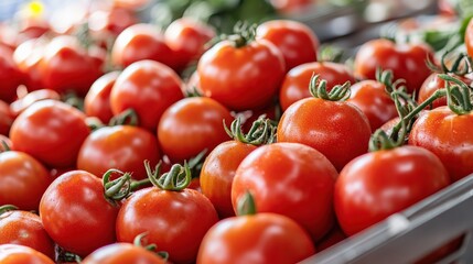 A display of glossy, fresh-picked tomatoes (Solanum lycopersicum) at a market, shining under the sun