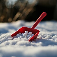 Poster - A red plastic shovel filled with white snowballs sits in the snow.