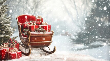 Poster - A red sleigh with presents sits in the snow with a blurred winter background.