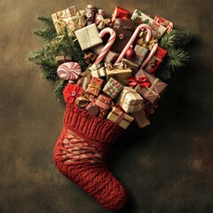 Canvas Print - A red stocking overflowing with Christmas gifts, candy canes, and ornaments.