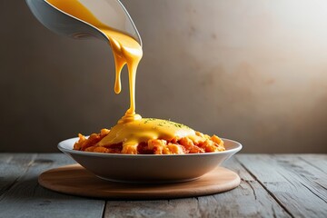 Wall Mural - Delicious Cheese Melt Topped with Saucy Drizzle on Clean Background