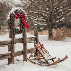 Poster - A red-ribboned Christmas wreath hangs on a wooden fence post in a snowy winter scene, with a vintage wooden sled resting against the fence in the foreground.