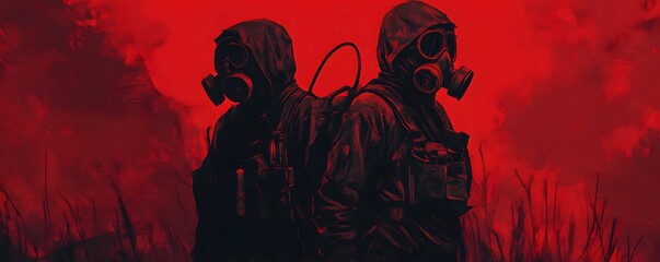 two people in gas masks standing back to back in red fog