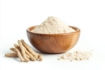 Ashwagandha powder in a wooden bowl and ashwagandha roots standing on a white background