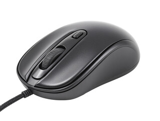 a black computer mouse with a cord