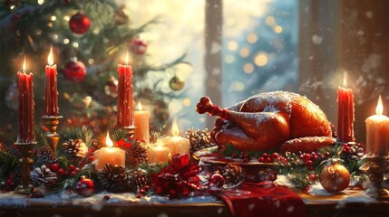 Wall Mural - A roasted turkey sits on a table decorated with candles and Christmas ornaments.