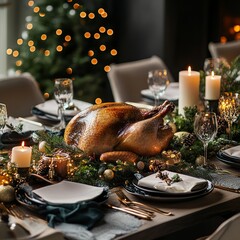 Wall Mural - A roasted turkey sits on a festive table setting with candles, pine branches, and gold ornaments.