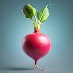 Poster - A single. vibrant red radish stands tall with its green leaves outstretched. against a soft blue background.