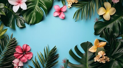 Wall Mural - Tropical Flowers and Leaves on Blue Background