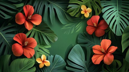 Wall Mural - Tropical Flowers and Leaves on Blue Background