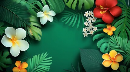 Wall Mural - Tropical Flowers and Leaves on Blue Background