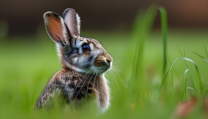 European Rabbit nestled in lush green grass, showcasing delicate features and serene demeanor