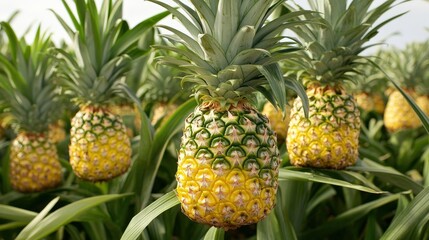 A field of pineapple plants (Ananas comosus), with ripe pineapples ready for harvest and sale