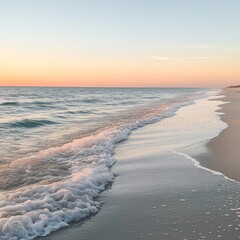 Wall Mural - A serene beach scene at sunset, with soft waves lapping at the shore and a sky painted with hues of pink and orange.