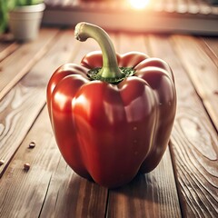 Sticker - A vibrant red bell pepper. rendered in 3D. sits on a rustic wooden table bathed in warm. golden light.