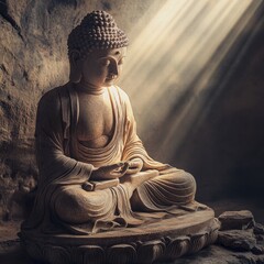 Canvas Print - A serene Buddha statue sits in a cave with light streaming in, creating a sense of peace and spirituality.