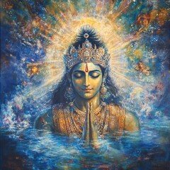 Sticker - A serene depiction of a Hindu deity with a crown and glowing halo,  standing in water and holding hands in prayer.