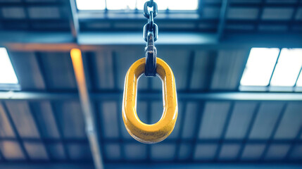 A bright yellow crane hook hangs from the ceiling, poised for lifting tasks in an industrial warehouse setting with a rustic charm