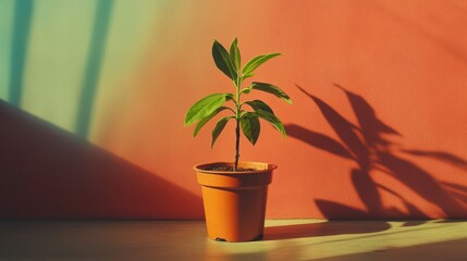 Poster - A potted plant with green leaves against a peach-colored wall