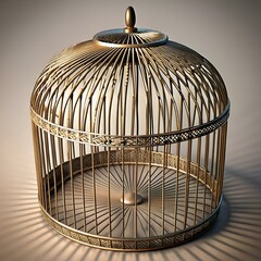 Sticker - A 3D rendering of a golden birdcage. intricate and detailed. standing on a neutral background.