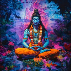 Sticker - A serene depiction of Shiva in a colorful jungle setting, meditating with eyes closed.