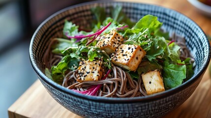 Wall Mural - A colorful bowl of soba noodles with fresh greens, tofu, and sesame seeds, placed on a modern dining table